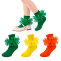 Calcetines Nina Pack 3 Pares Volantes Encaje Tutu Doble Capa Lazo Cinta 3D Verde Amarillo Naranja Organza Princesa Verano Halloween (1 - 10T)