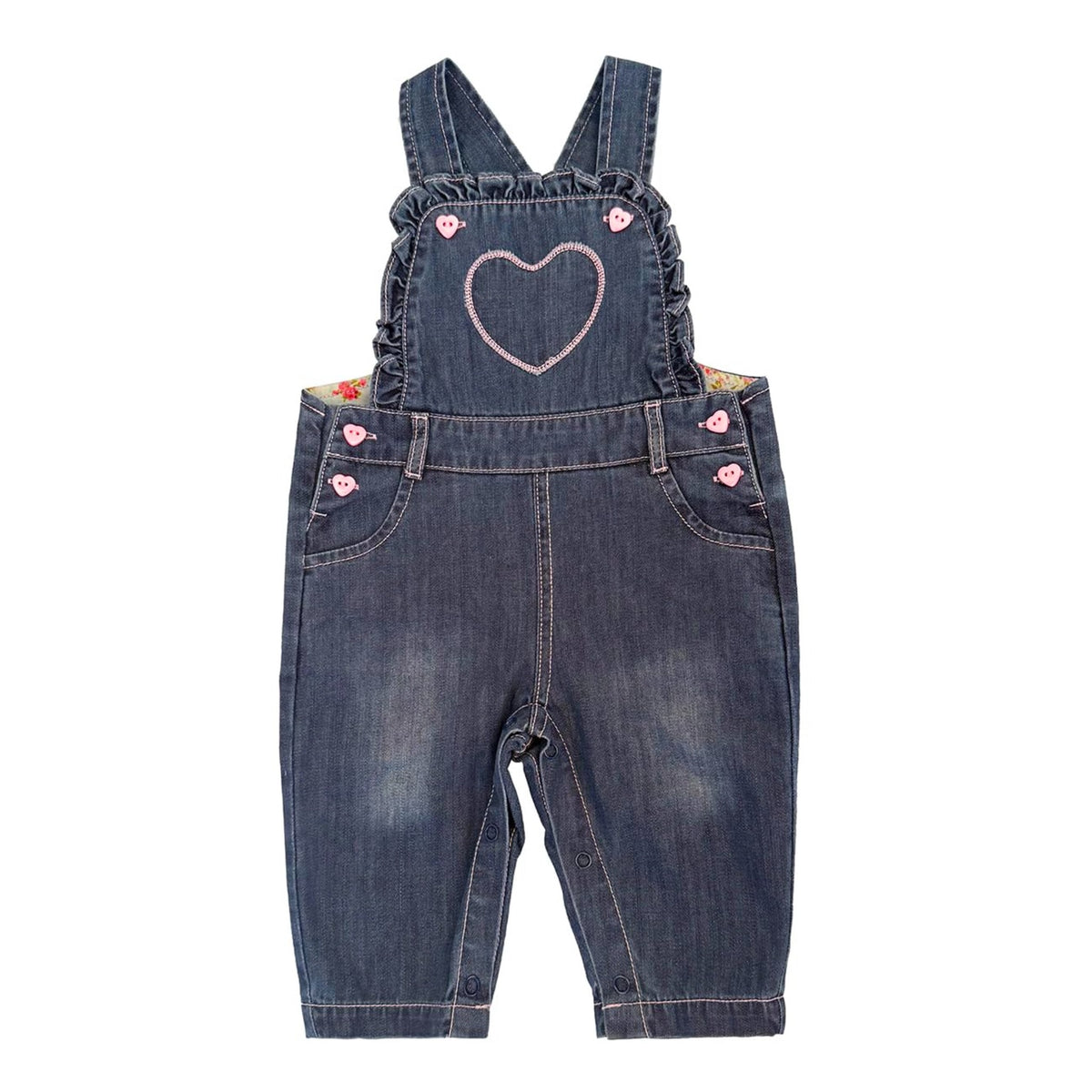 Overol Peto de Mezclilla Peacolate | Corazón Strass + Volante Fruncido + Botones Corazón | Niña/Bebé (6M-3A)