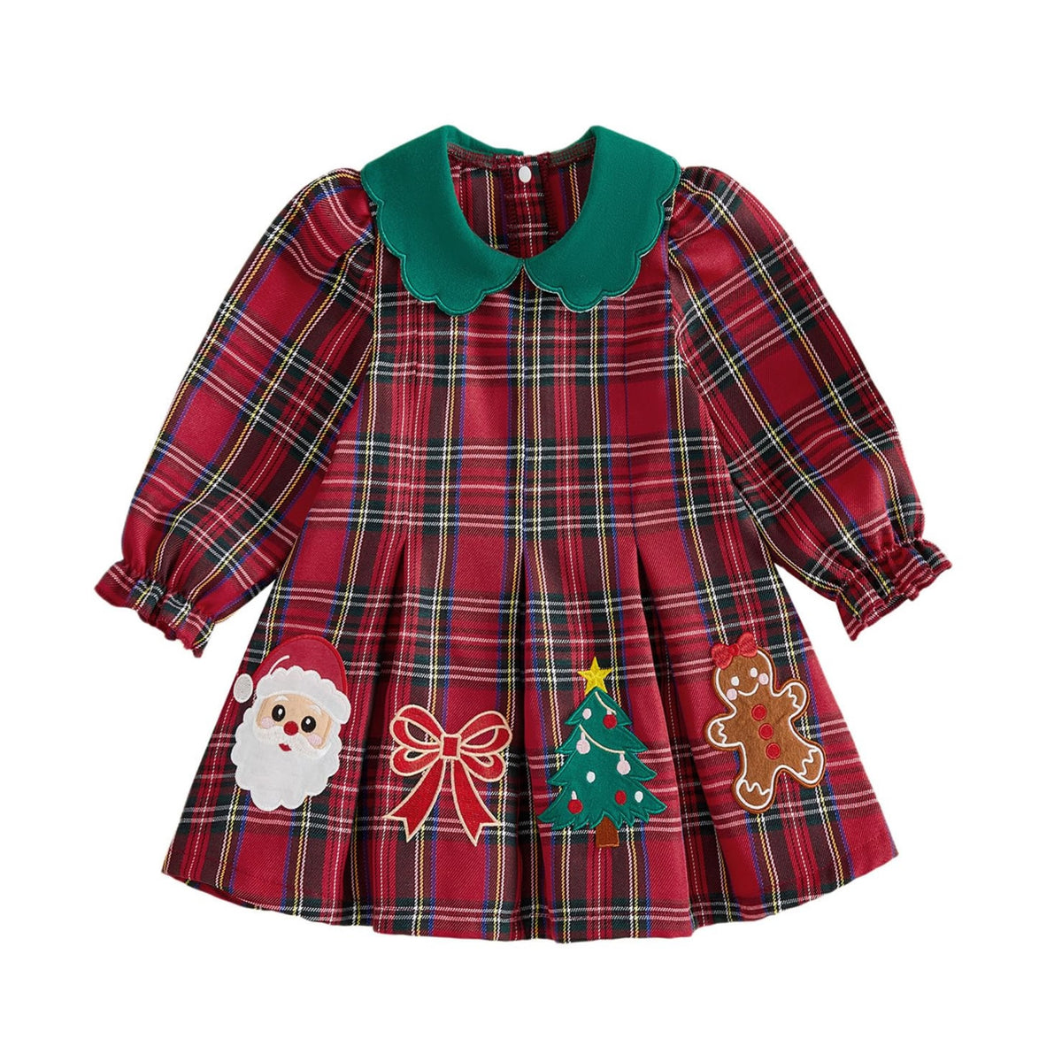 Santa Girl | Vestido Navideño Niña Cuadros Rojo + Cuello Verde + Bordado Papa Noel Arbolito