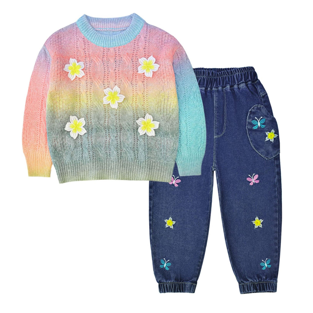 Conjunto niña suéter punto trenzado degradado arcoíris tie-dye azul rosa amarillo verde flores 3D plumeria blancas y jeans jogger azul marino mariposas flores bordadas - frente