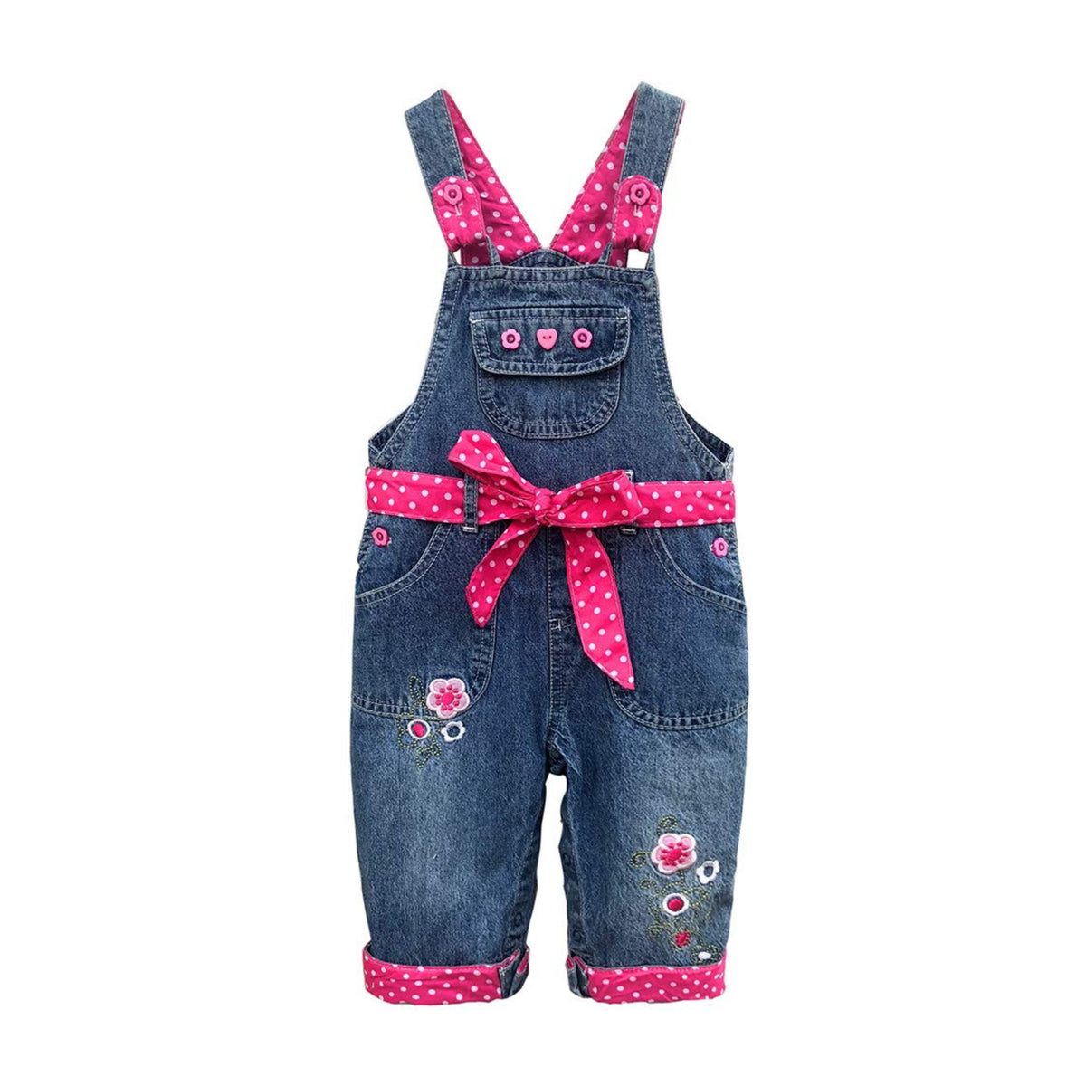 Overol Peto de Mezclilla Peacolate | Bordado Floral + Lazo Rosa Lunares | Denim | Niña/Bebé (3M-3A)