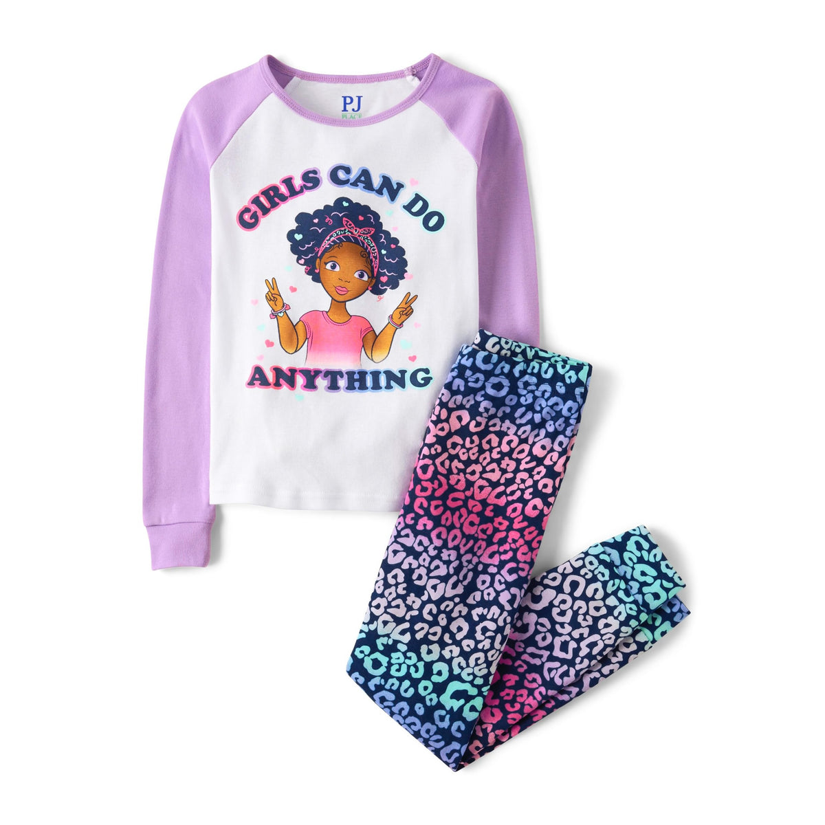 Pijama 2 Piezas The Children's Place | 100% Algodón + “Girls Can Do Anything” + Leopardo Multicolor | Niña Blanco/Lila (Solo 6T, y 16T)
