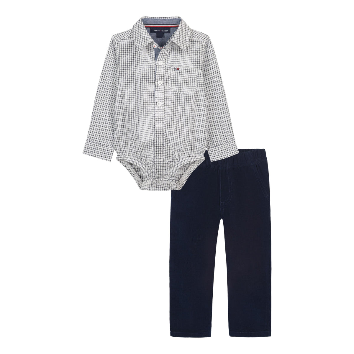 Conjunto 2 Piezas Tommy Hilfiger | Bodysuit Micro-Check Navy Blanco + Pana Prelavada Navy | Bebé Niño (0M - 12M)