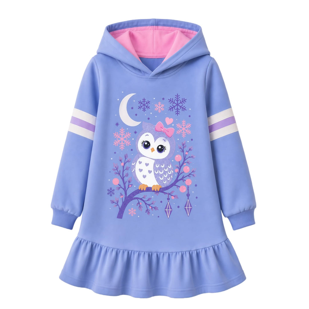 Vestido hoodie azul lavanda de manga larga con gráfico de búho invernal y volante en el ruedo para niñas