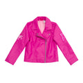Chaqueta Moto Barbie Oficial | Cuero Sintético Iridiscente + Cremallera Asimétrica + Patrón “B” Grabado | Niña Fucsia (4-16T)