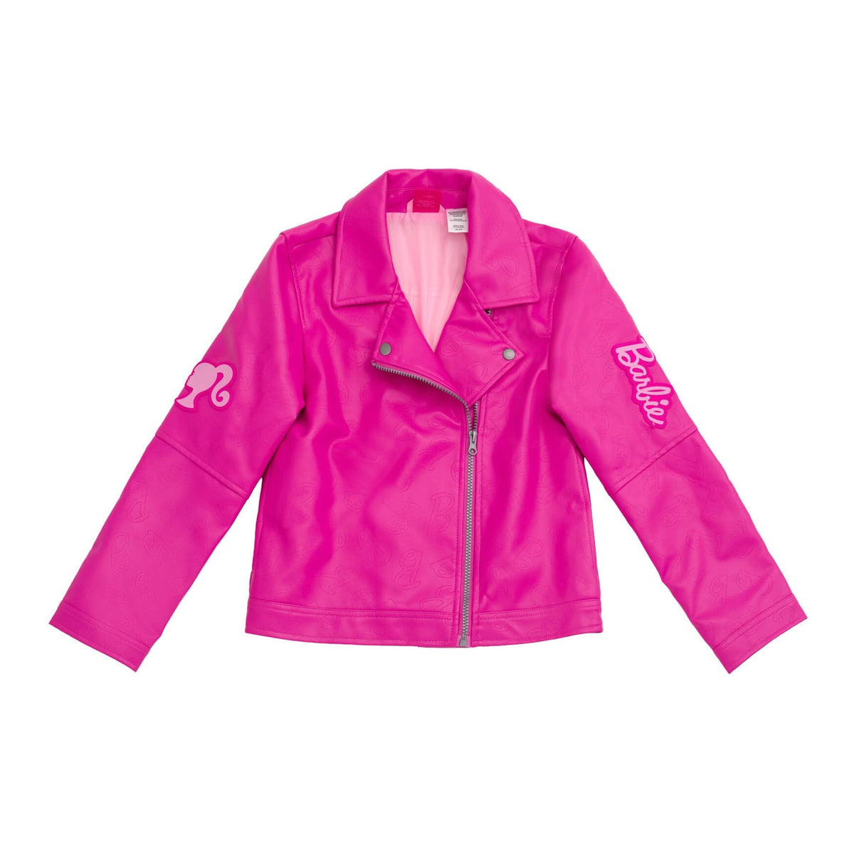 Chaqueta Moto Barbie Oficial | Cuero Sintético Iridiscente + Cremallera Asimétrica + Patrón “B” Grabado | Niña Fucsia (4-16T)