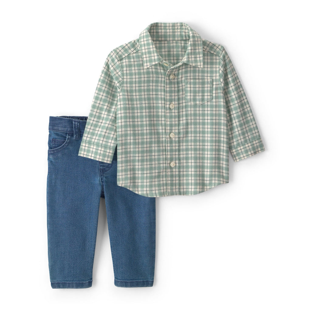 Conjunto 2 Piezas Carter's | Camisa Franela Cuadros Verde Salvia + Jeans Azul | Bebé Niño (0M - 24M)