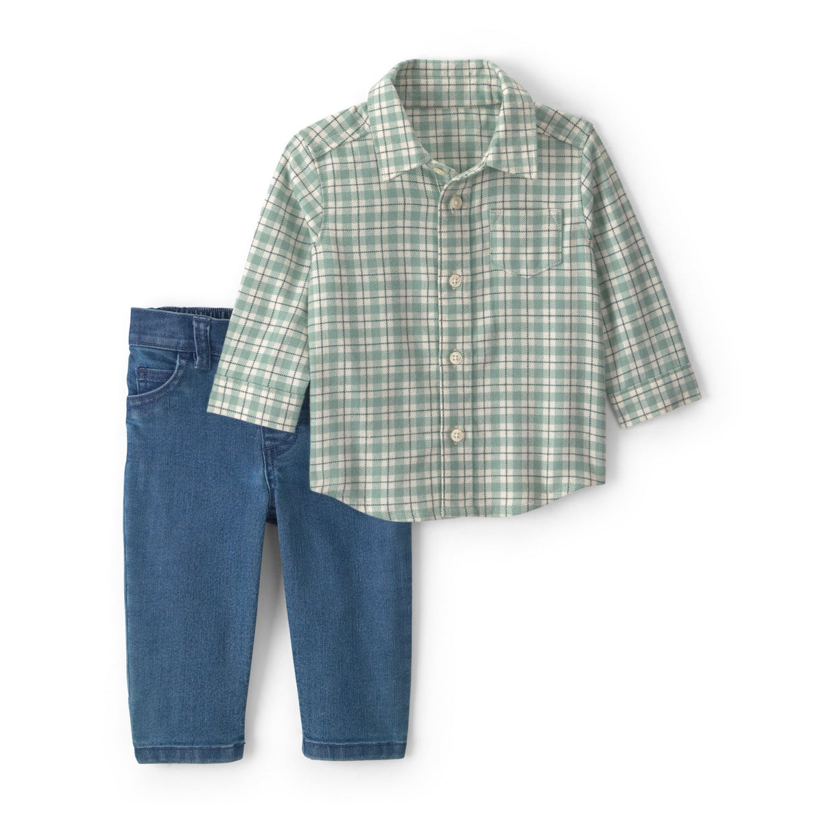 Conjunto 2 Piezas Carter's | Camisa Franela Cuadros Verde Salvia + Jeans Azul | Bebé Niño (0M - 24M)