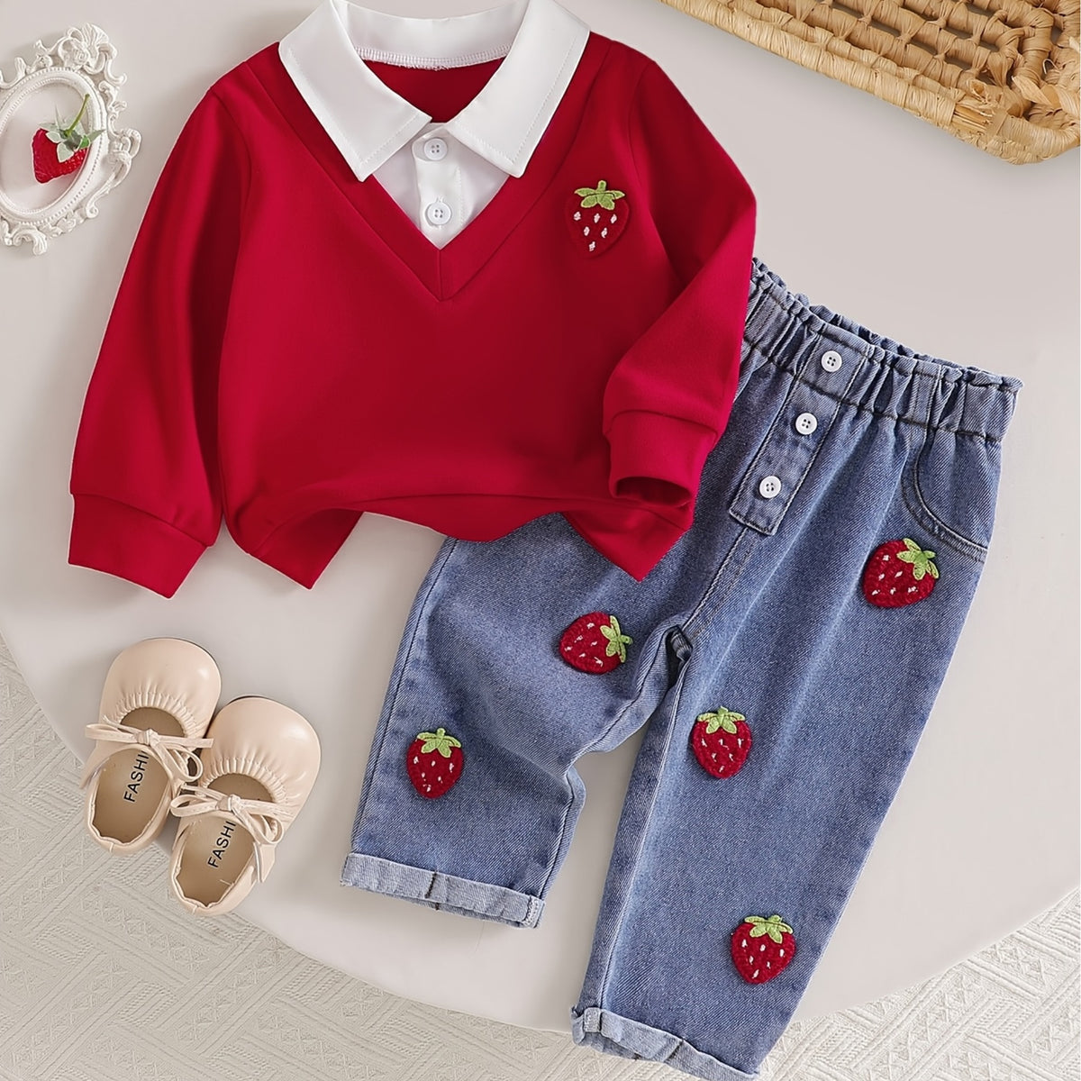 Conjunto de 2 Piezas para Niña: Top Rojo Estilo Falso Dos Piezas con Cuello en V y Jeans con Bordado de Fresas (Estilo Preppy) (6M - 3Y)
