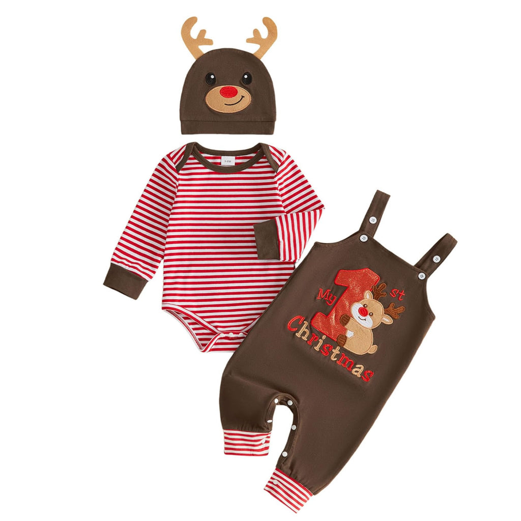 My 1st Christmas Reno | Conjunto Bebé Niño Mameluco Rayas Rojo + Peto Café + Gorro Reno