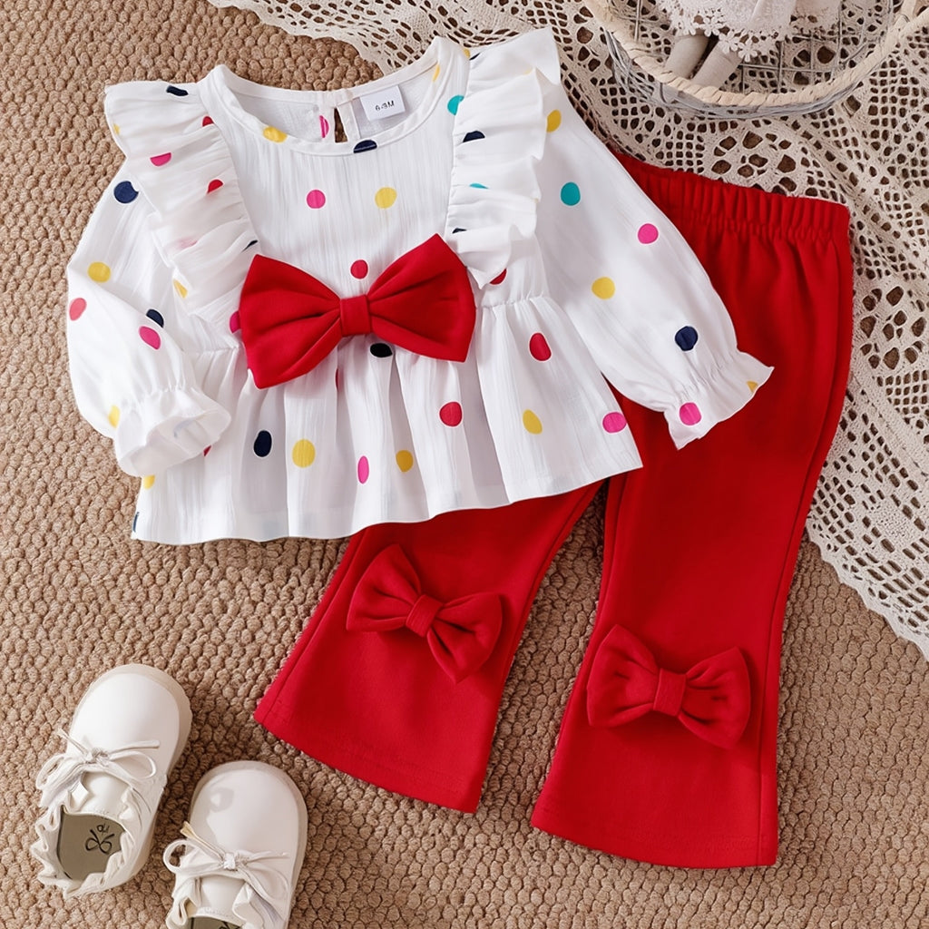 Conjunto de 2 Piezas para Niña: Blusa Blanca Texturizada con Lunares Multicolor y Lazo Rojo con Pantalón Acampanado Rojo (Solo 6-9M)