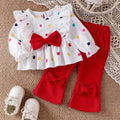 Conjunto de 2 Piezas para Niña: Blusa Blanca Texturizada con Lunares Multicolor y Lazo Rojo con Pantalón Acampanado Rojo (Solo 6-9M)