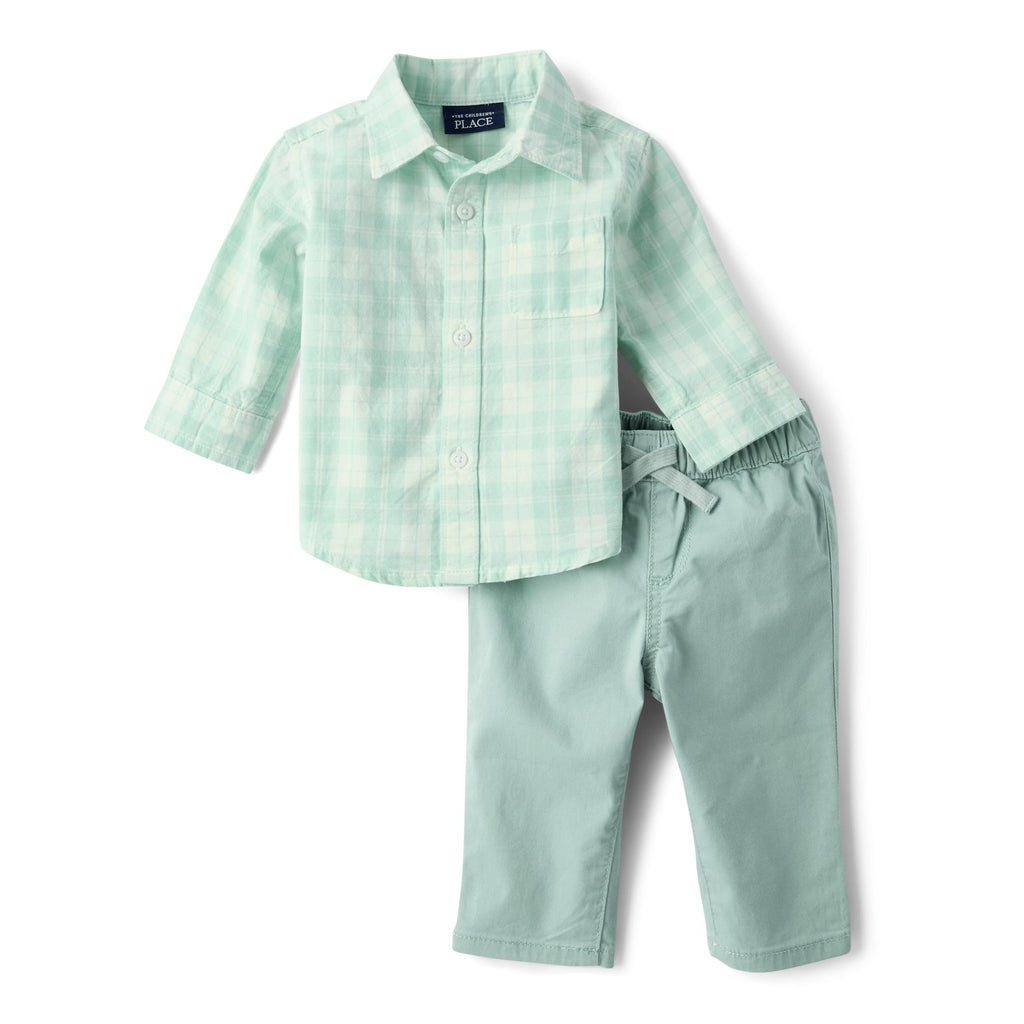 Conjunto 2 Piezas The Children's Place babyPLACE | Camisa Gingham Mint Verde + Chino Pull-On Sage | Bebé Niño (0M - 18M)