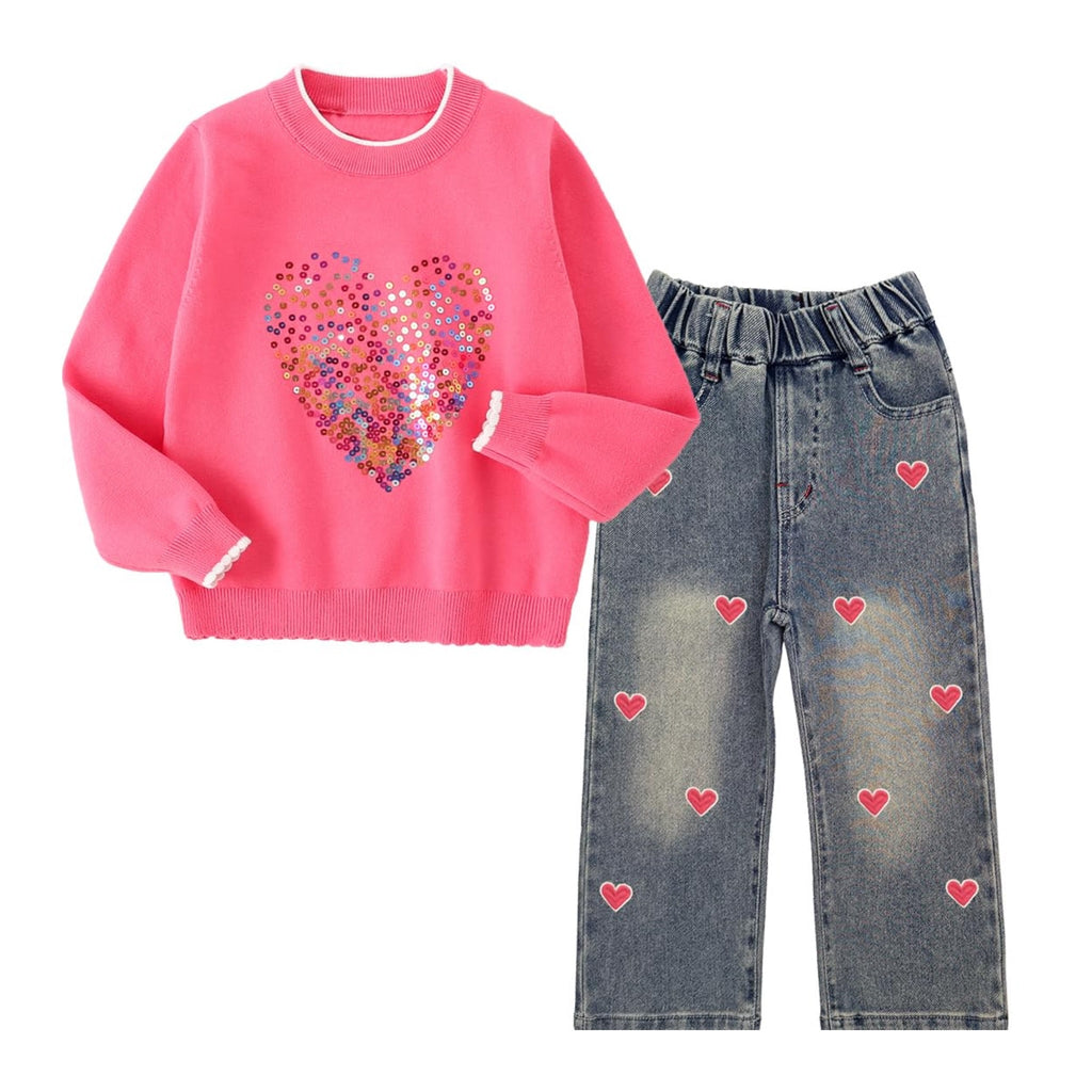 Conjunto 2 Piezas para Niña: Suéter Fucsia con Corazón de Lentejuelas y Jeans con Corazones Bordados