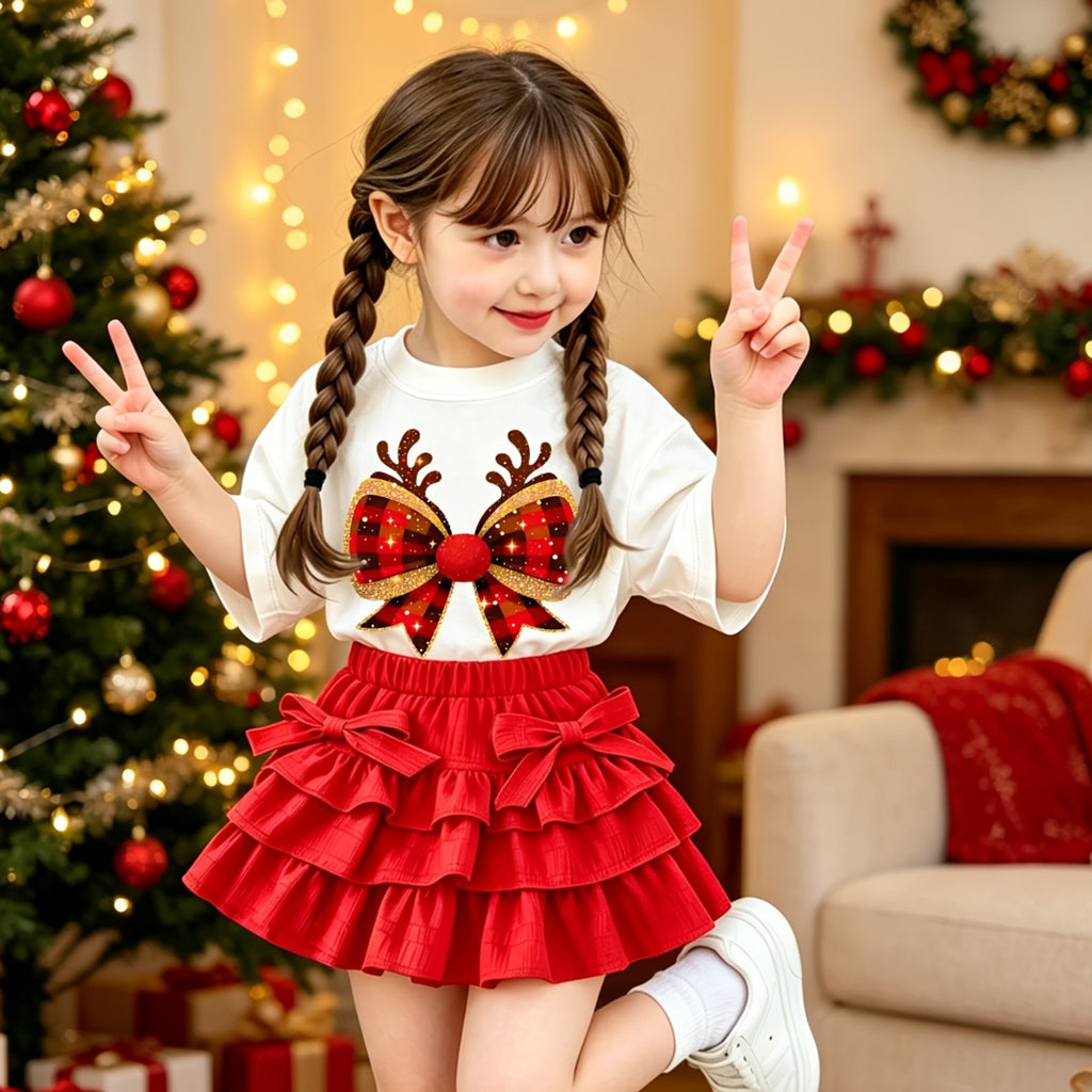 Conjunto Navideño de 2 Piezas para Niña: Blusa Blanca de Manga Corta con Estampado de Astas y Falda Estilo Pastel Roja con Volantes (1T - 8T)