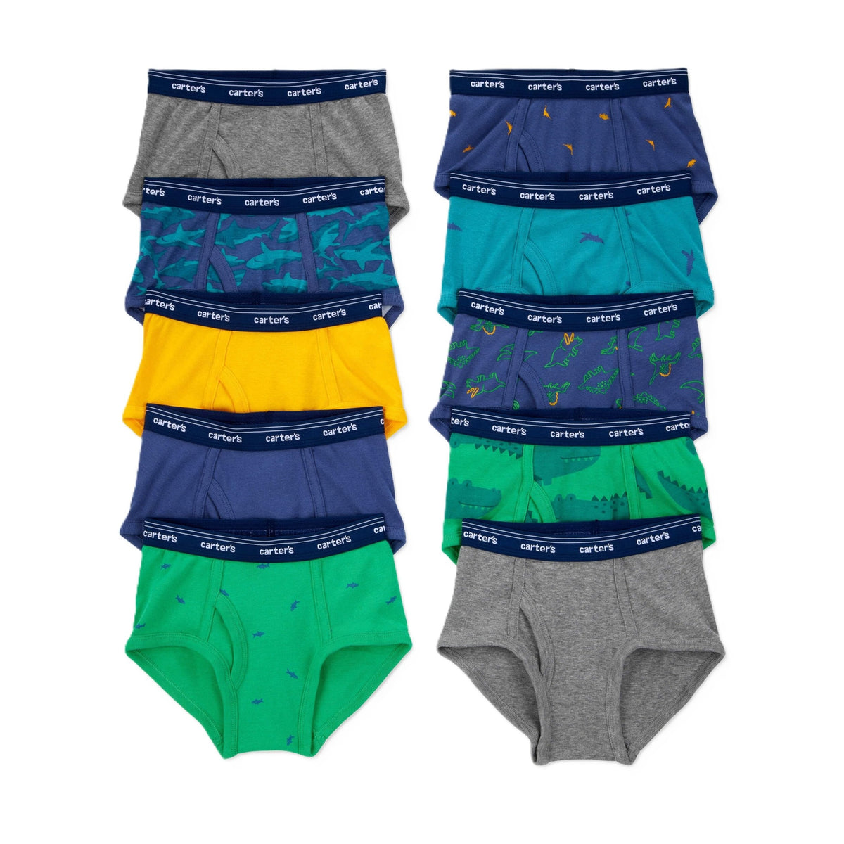 Carter's | Calzoncillos Niño Pack 10 Algodón 100% Azul Verde Dino Tiburones Surtidos (2T - 14T)