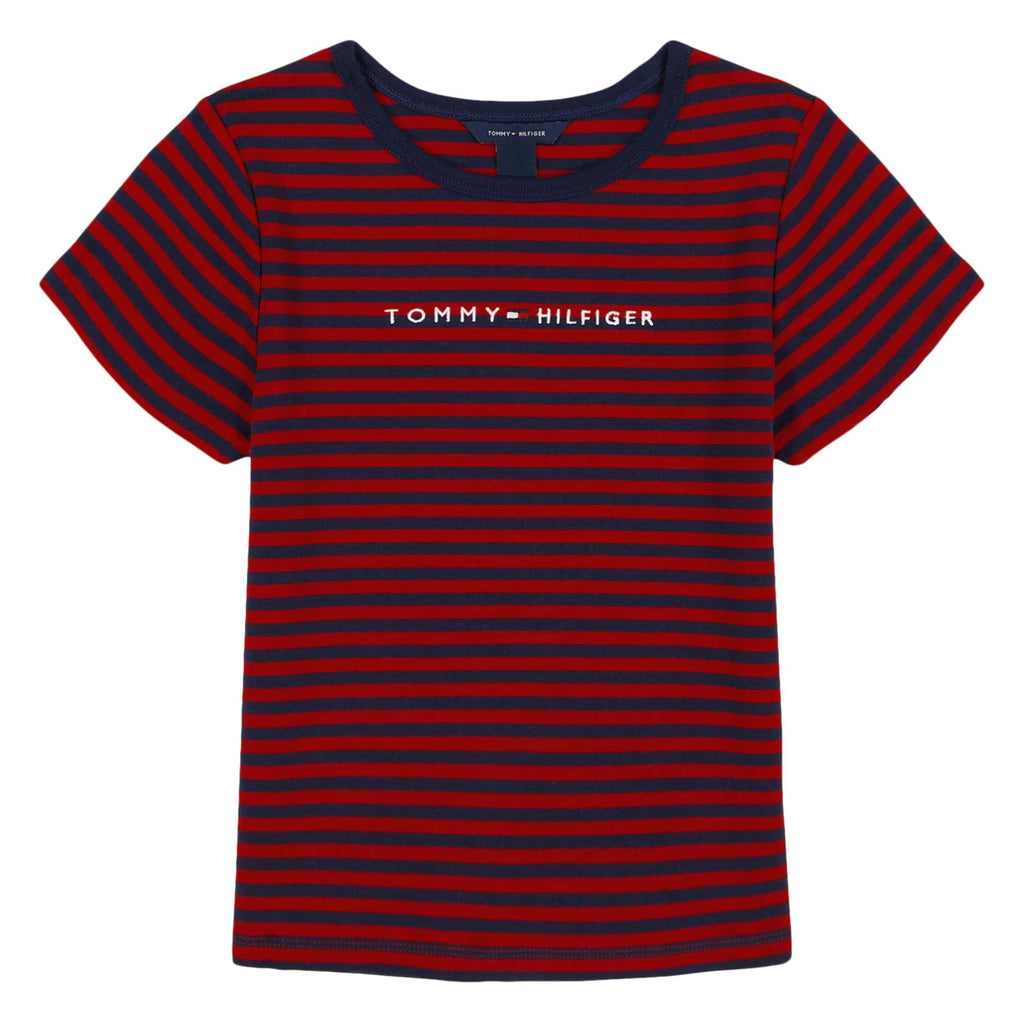 Tommy Hilfiger | Camiseta Nina Manga Corta | 100% Algodon | Cuello Redondo | Logo Lineal Tommy-Hilfiger | Corte Ajustado | Rayas Navy + Rojo (7 - 10T)