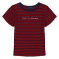 Tommy Hilfiger | Camiseta Nina Manga Corta | 100% Algodon | Cuello Redondo | Logo Lineal Tommy-Hilfiger | Corte Ajustado | Rayas Navy + Rojo (7 - 10T)