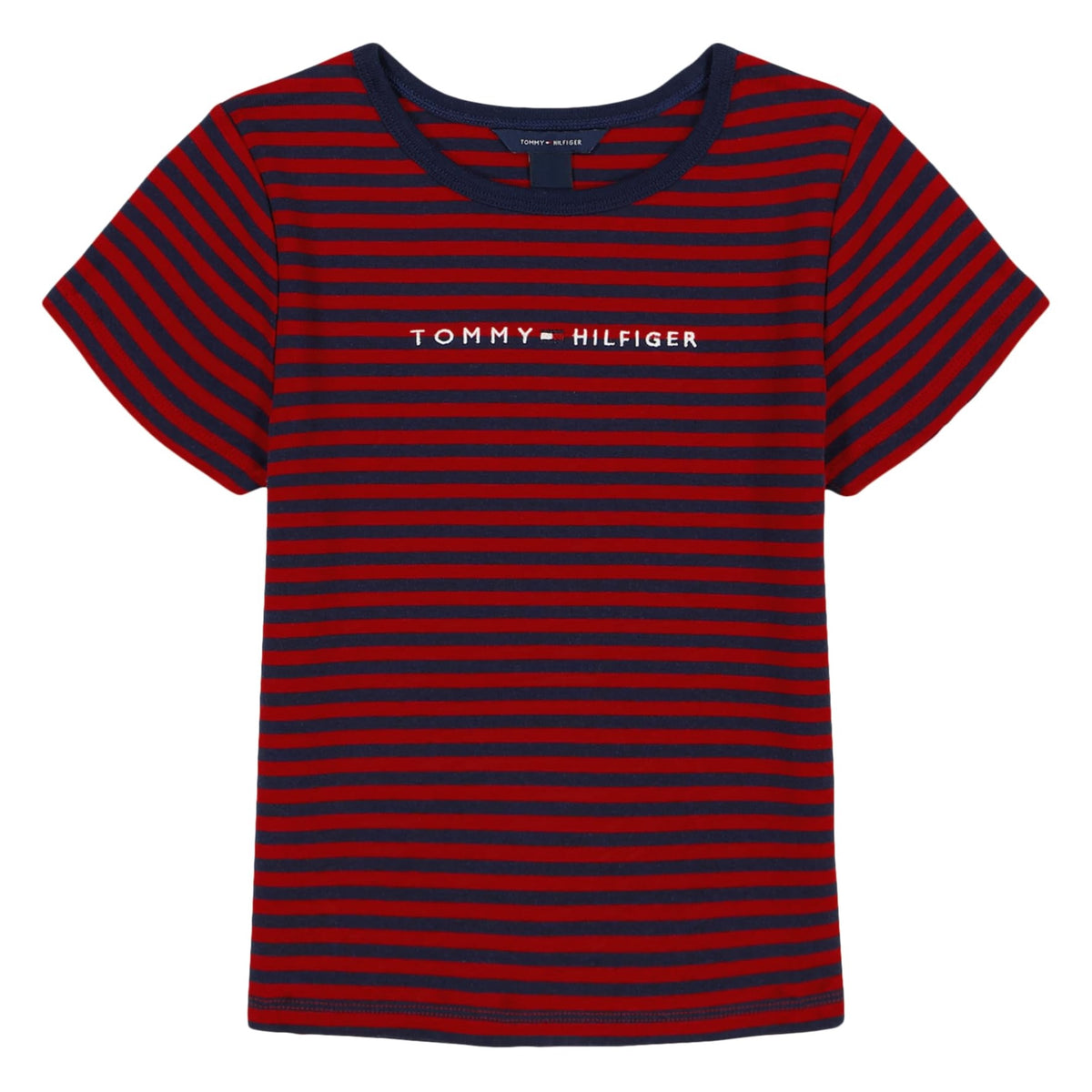 Tommy Hilfiger | Camiseta Nina Manga Corta | 100% Algodon | Cuello Redondo | Logo Lineal Tommy-Hilfiger | Corte Ajustado | Rayas Navy + Rojo (7 - 10T)