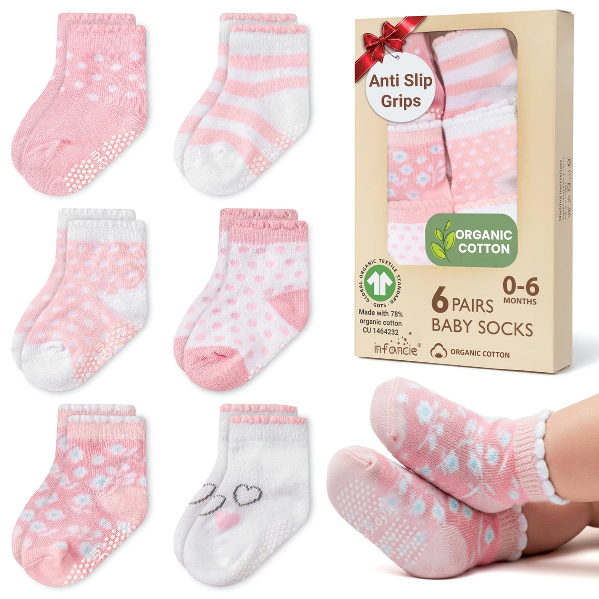 infancie | Calcetines Bebé Niña Pack 6 Algodón Orgánico GOTS Antideslizante Estampados Rosa 0-6 Meses