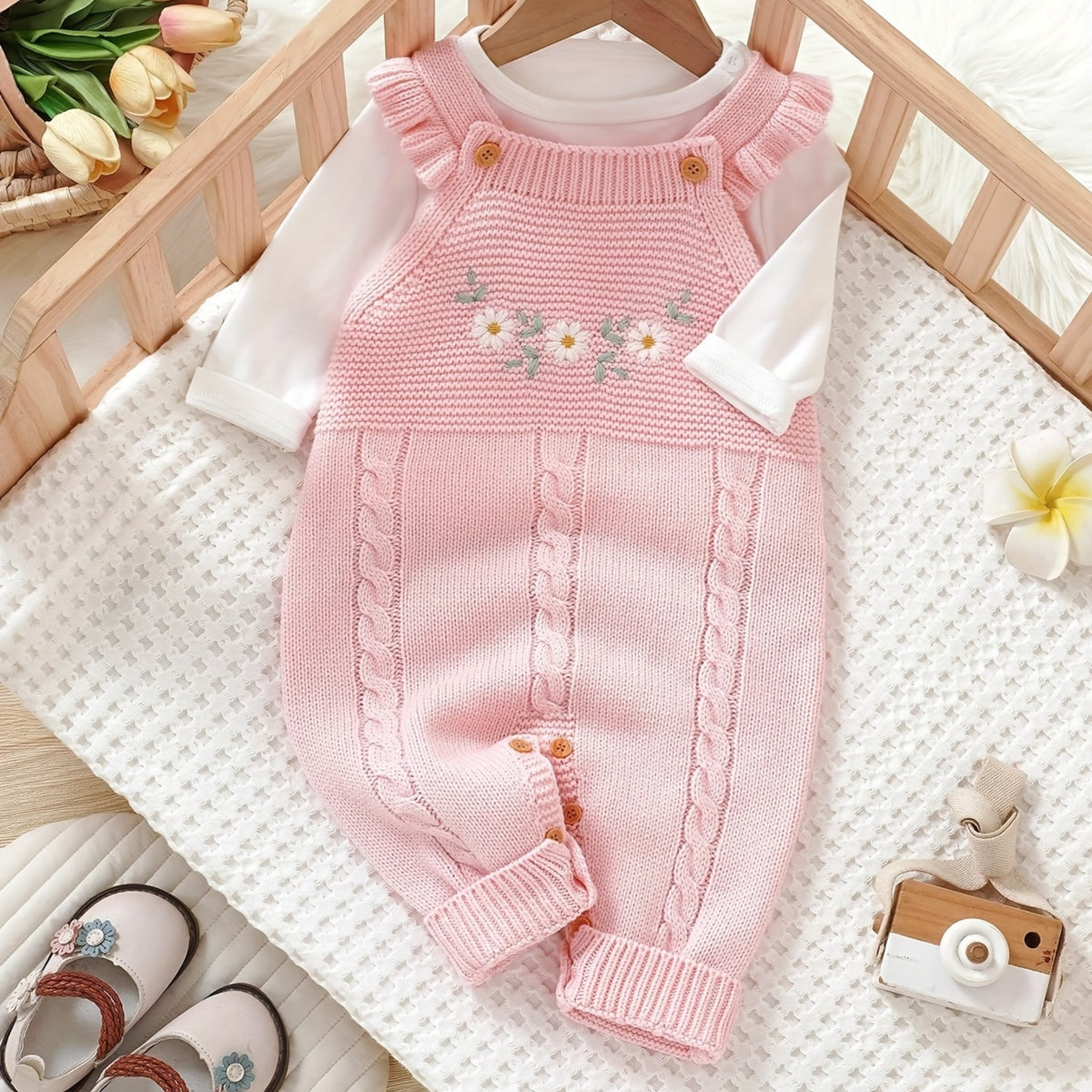 Conjunto de Body Tejido de Punto para Bebé Niña en Color Rosa con Bordado Floral y Volantes (Estilo Dulce para Otoño e Invierno) (1M - 12M)