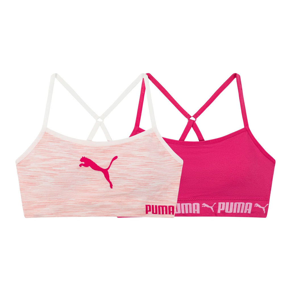 PUMA | Bralette Nina Pack 2 | 94% Nailon 6% Licra | Sin Costuras | Correas Espagueti Ajustables | Galletas Removibles | Cherry Blossom Tinte Espacial + Magenta (Solo 6 - 7T)