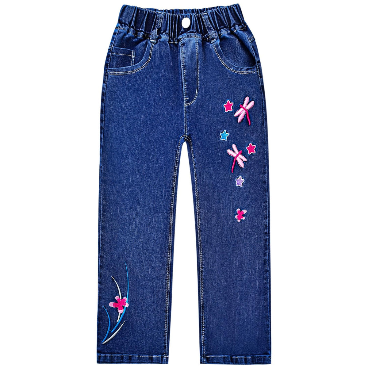 Jean Recto Tiro Alto Niña | Azul Marino Oscuro • Bordado Libélulas 3D Rosas • Estrellas Multicolor