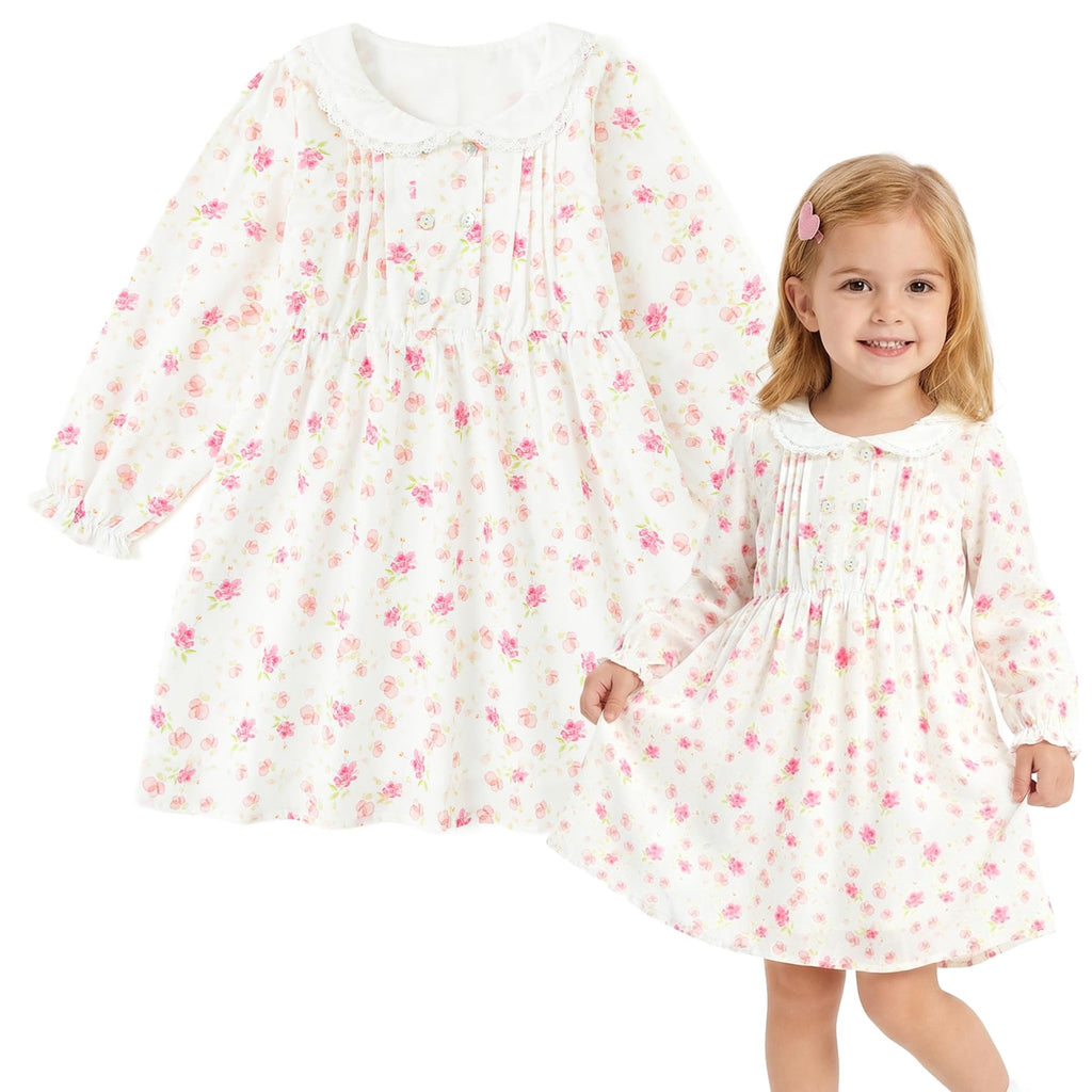 Vestido de Manga Larga 100% Algodón con Cuello con Volantes y Estampado Floral Rosa Suave para Niña (12M - 8T)