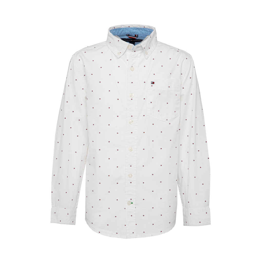 Tommy Hilfiger | Camisa Niño Manga Larga Estampado Logo All-Over Button-Down 100% Algodón Blanco (2 - 7T)