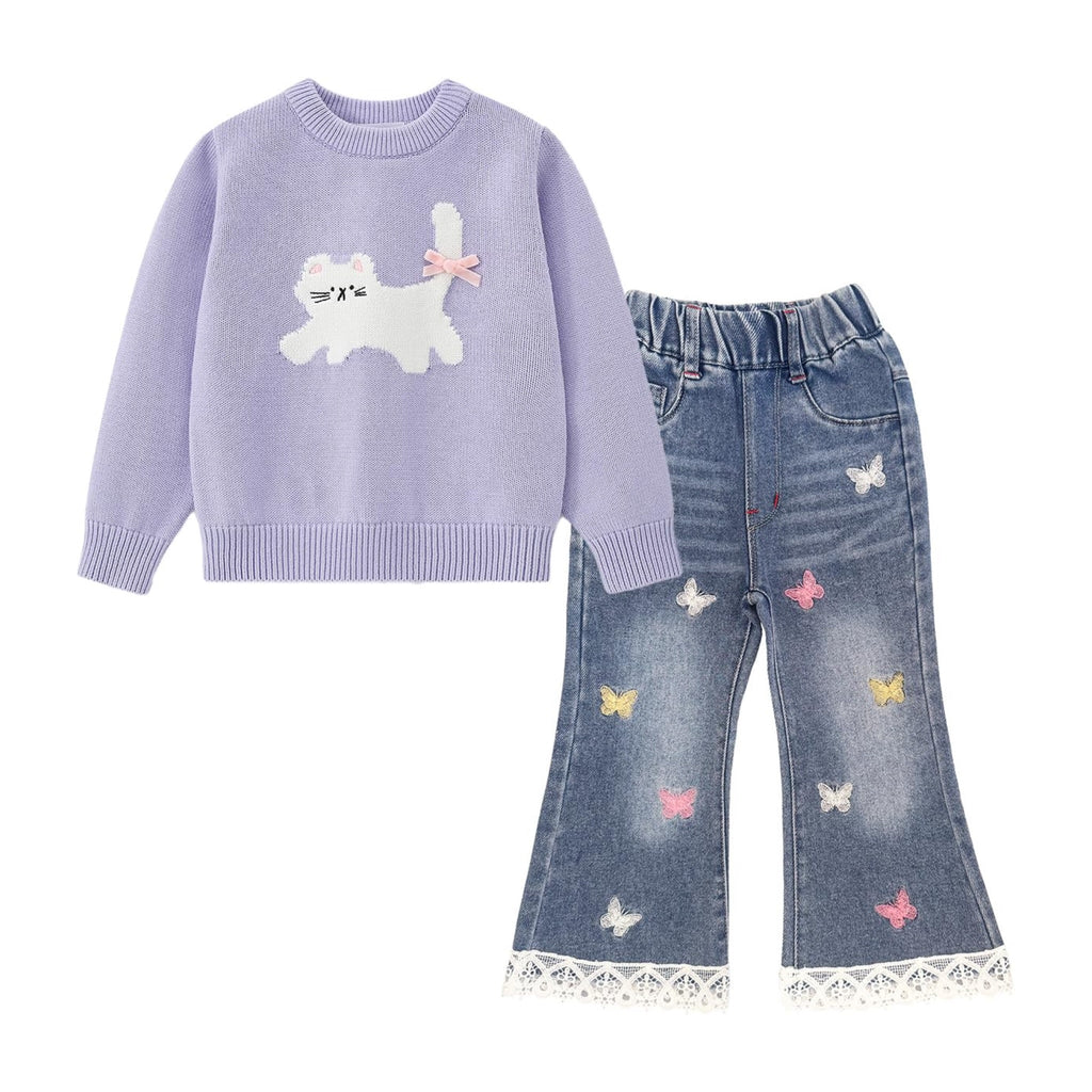 Conjunto 2 Piezas para Niña: Suéter Lila con Gatito 3D y Jean Acampanado con Mariposas y Encaje