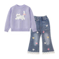 Conjunto 2 Piezas para Niña: Suéter Lila con Gatito 3D y Jean Acampanado con Mariposas y Encaje