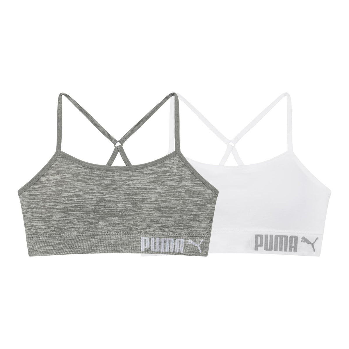 PUMA | Bralette Nina Pack 2 | 94% Nailon 6% Licra | Sin Costuras | Correas Espagueti Ajustables | Galletas Removibles | Gris Claro Jaspeado + Blanco (6 - 14T)
