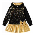 Vestido Nina con Capucha Manga Larga | 95% Algodon 5% Poliester | Cuerpo Negro Estrellas Doradas + Lluvia de Brillantes | Falda Metalica Dorada con Vuelo | Lazo Dorado en Cadera | Forro Capucha Dorado | Negro + Dorado (3 - 12T)