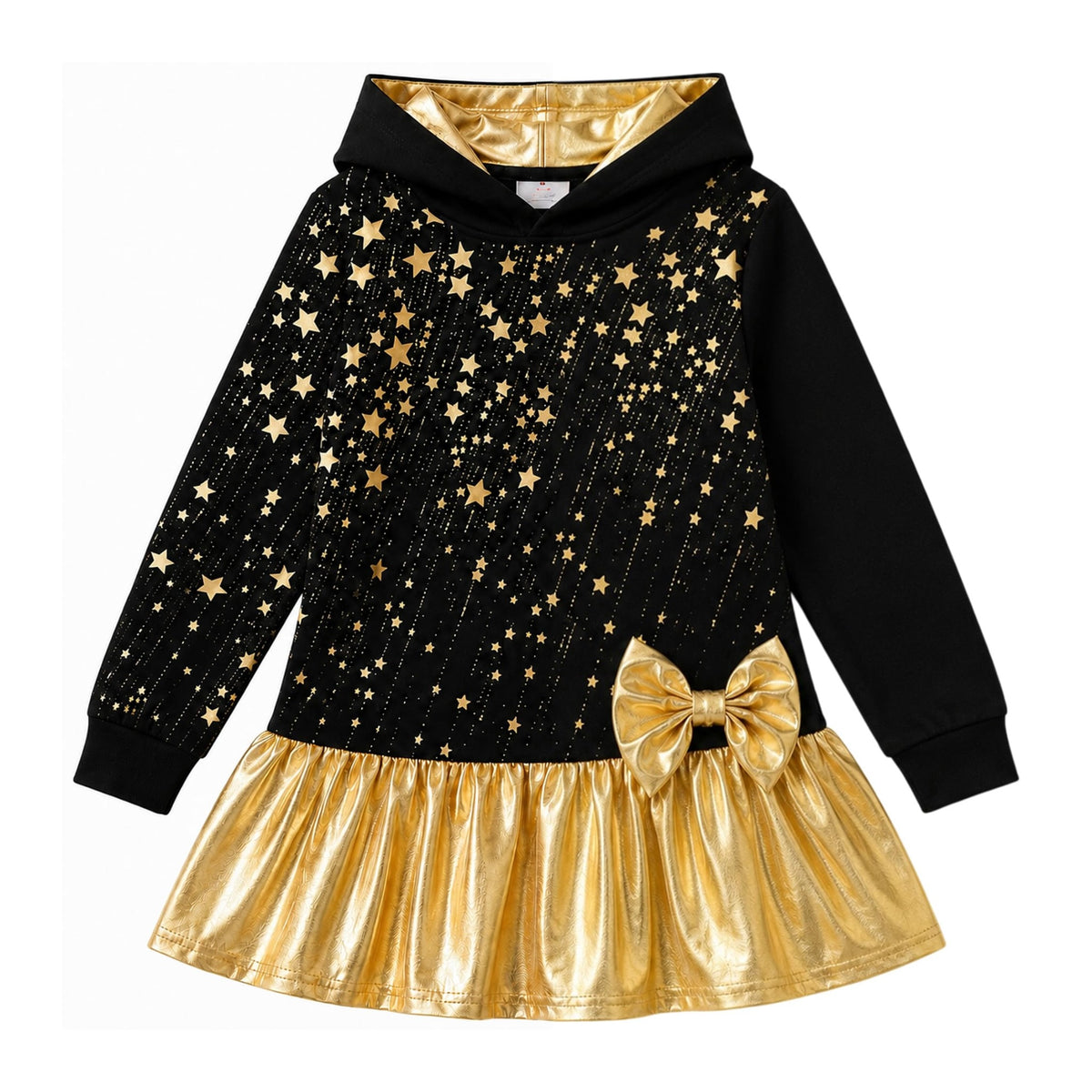 Vestido Nina con Capucha Manga Larga | 95% Algodon 5% Poliester | Cuerpo Negro Estrellas Doradas + Lluvia de Brillantes | Falda Metalica Dorada con Vuelo | Lazo Dorado en Cadera | Forro Capucha Dorado | Negro + Dorado (3 - 12T)