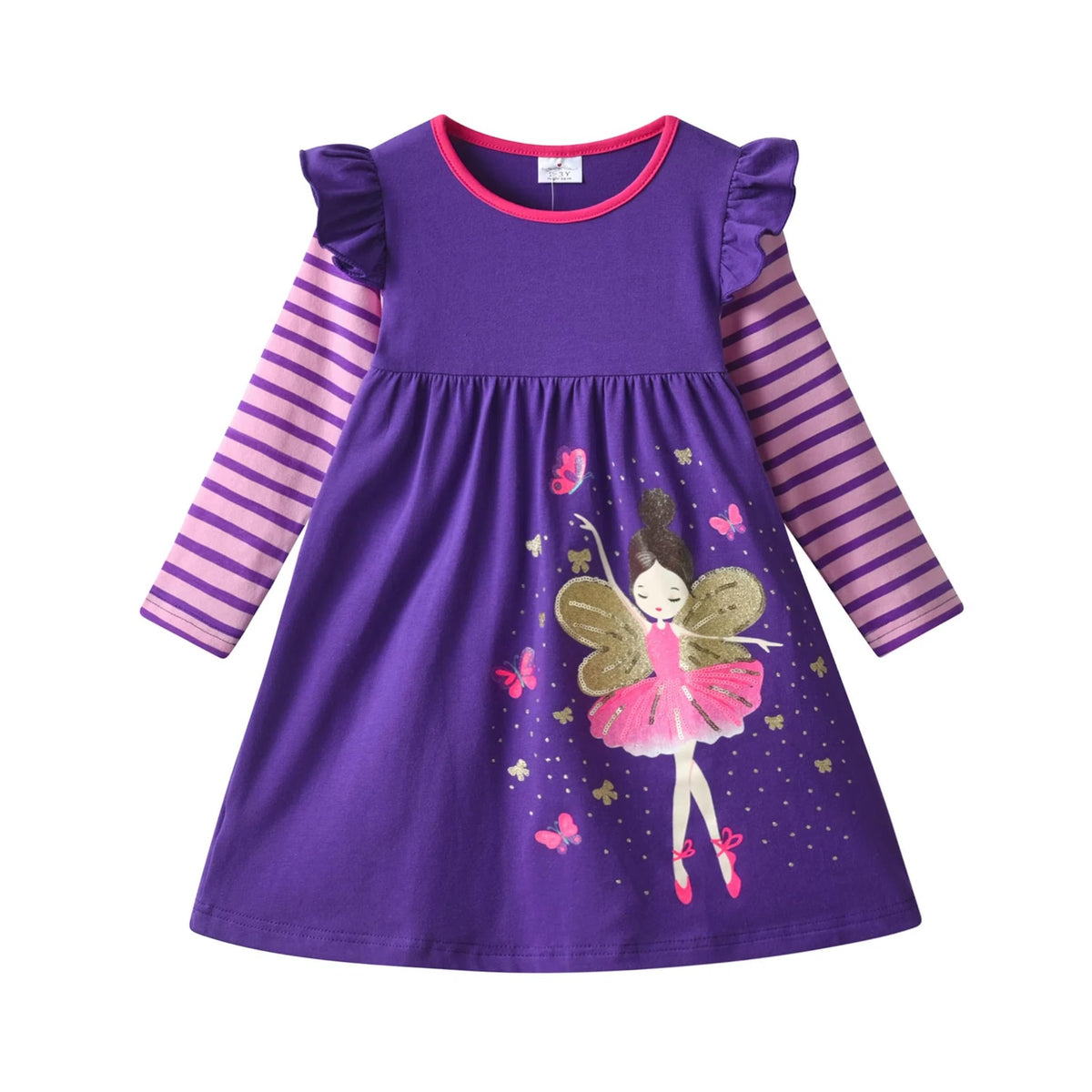Vestido Niña DXTON | 95% Algodón + Hada Bailarina Alas Doradas + Manga Flutter Rayas Rosa/Morado | Violeta/Rosa (3-8 Años)