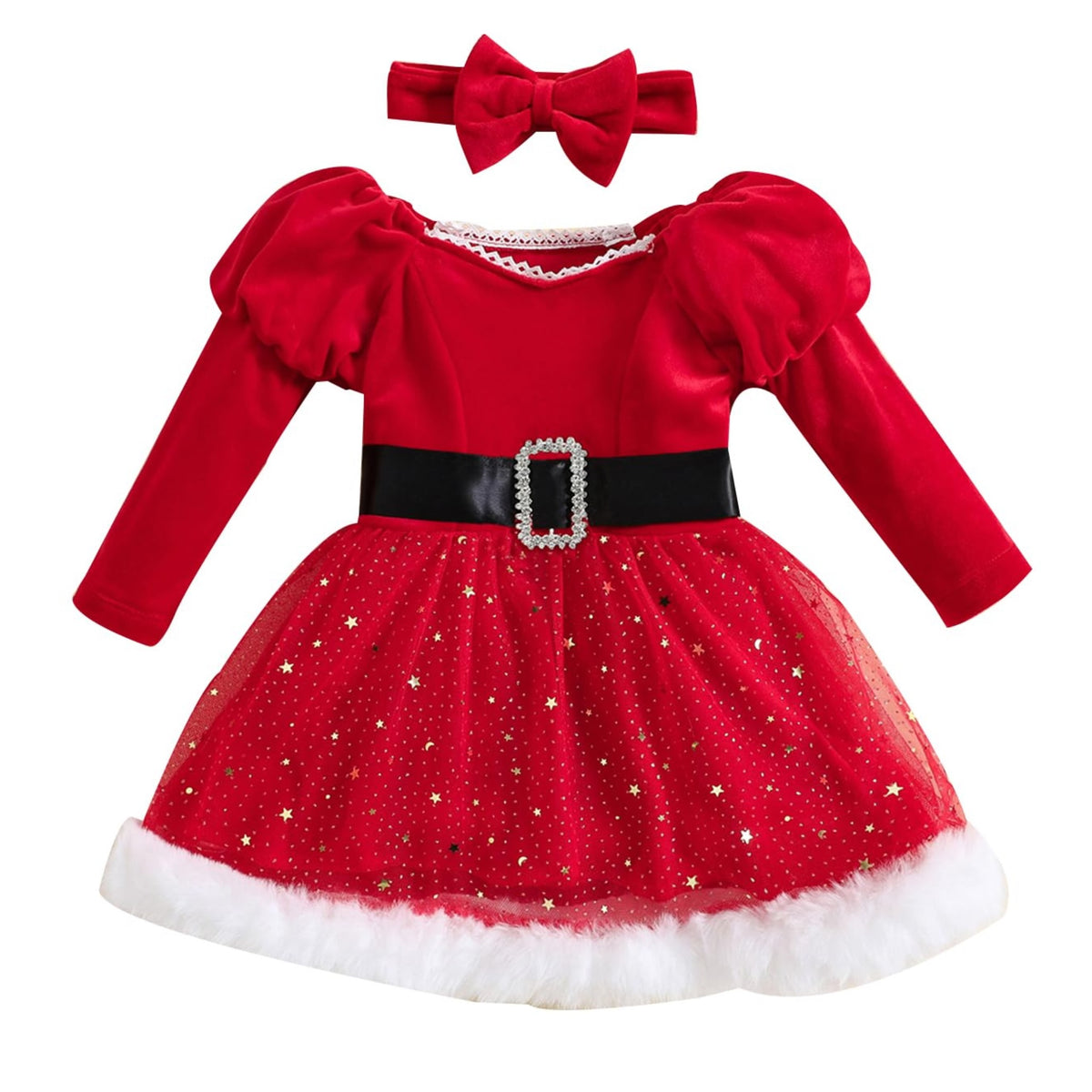Bonangber | Vestido Navideño Terciopelo Tul Estrellas Papá Noel Niña