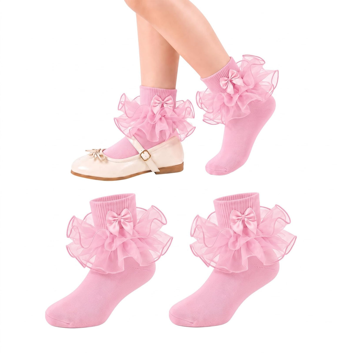 Calcetines Nina Volantes Encaje Tutu Doble Capa Lazo Cinta 3D Rosa Algodon Organza Princesa Boda Pascua (1 - 10T)