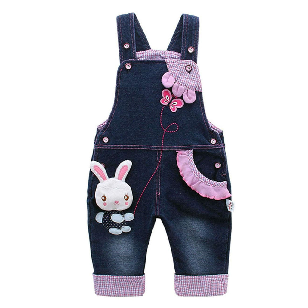 Overol Peto de Mezclilla | Conejito 3D + Mariposa Rosa + Cuadriculado Lila | Denim Navy | Niña/Bebé (3M-4A)