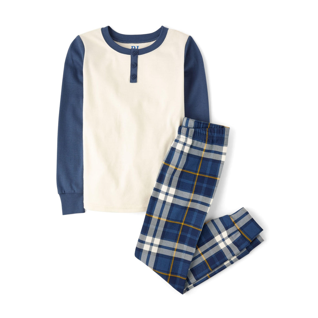 Pijama 2 Piezas The Children's Place | Henley Colorblock Crema/Navy + Tartan Navy/Dorado | Niño Preppy Holiday (4T - 16T)