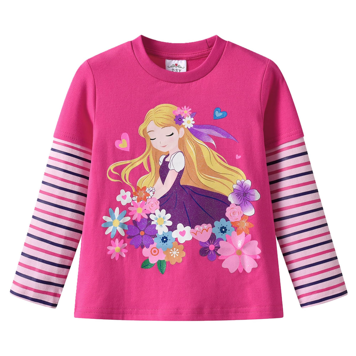 Top de Manga Larga con Princesa Floral para Niñas – Rosa Fucsia a Rayas, Algodón  (2-10 Años )
