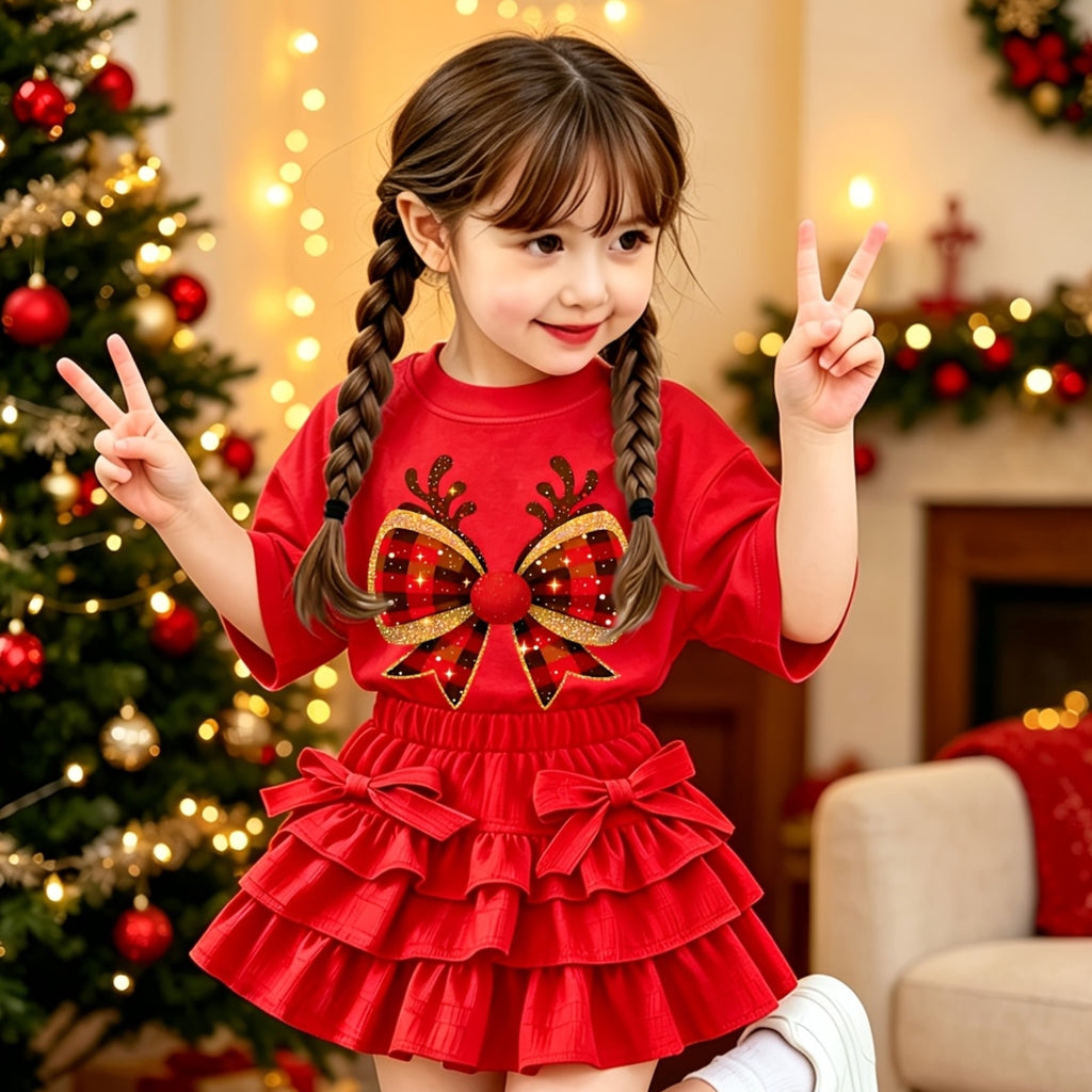 Conjunto Navideño de 2 Piezas para Niña: Blusa de Manga Corta con Estampado de Astas y Falda Estilo Pastel con Volantes (1T - 8T)