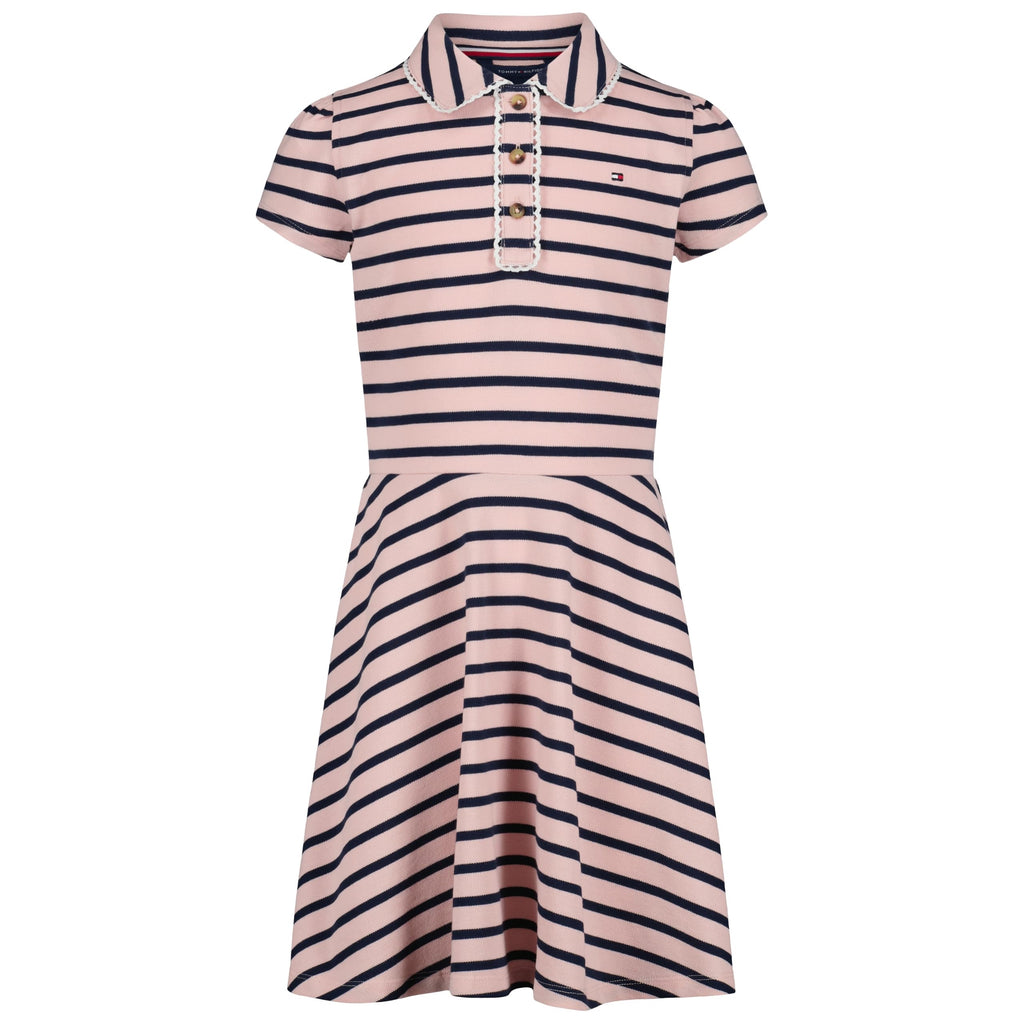 Tommy Hilfiger Vestido Polo Piqué Niña | Rayas Breton Rosa/Navy • Cuello Polo Ribete Picot • Falda Plisada