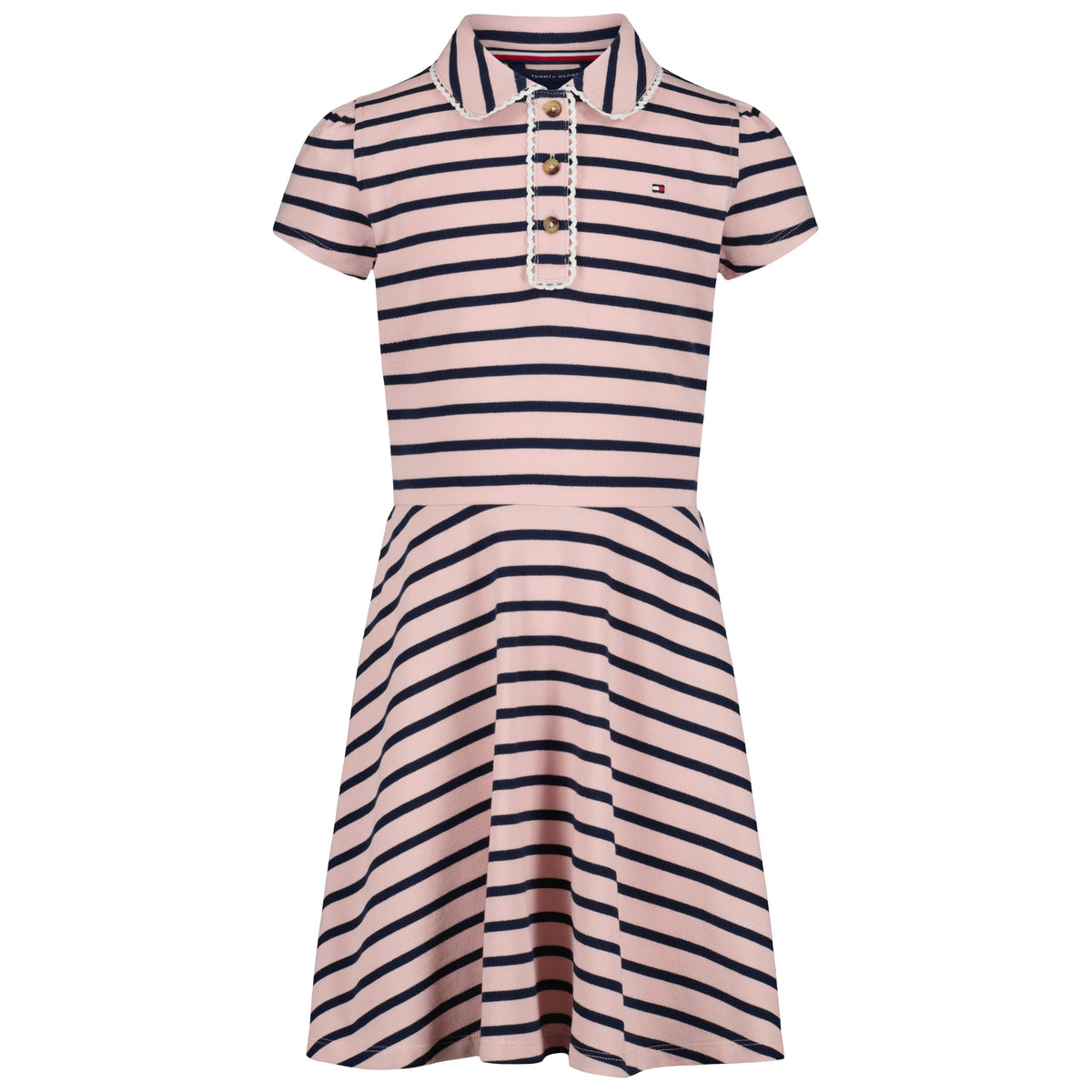 Tommy Hilfiger Vestido Polo Piqué Niña | Rayas Breton Rosa/Navy • Cuello Polo Ribete Picot • Falda Plisada