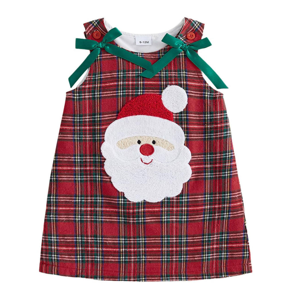 Santa Plaid Girl | Vestido Tartán Rojo Niña Sin Mangas + Cuello Redondo + Aplicación Papa Noel 3D + Lazos Verdes
