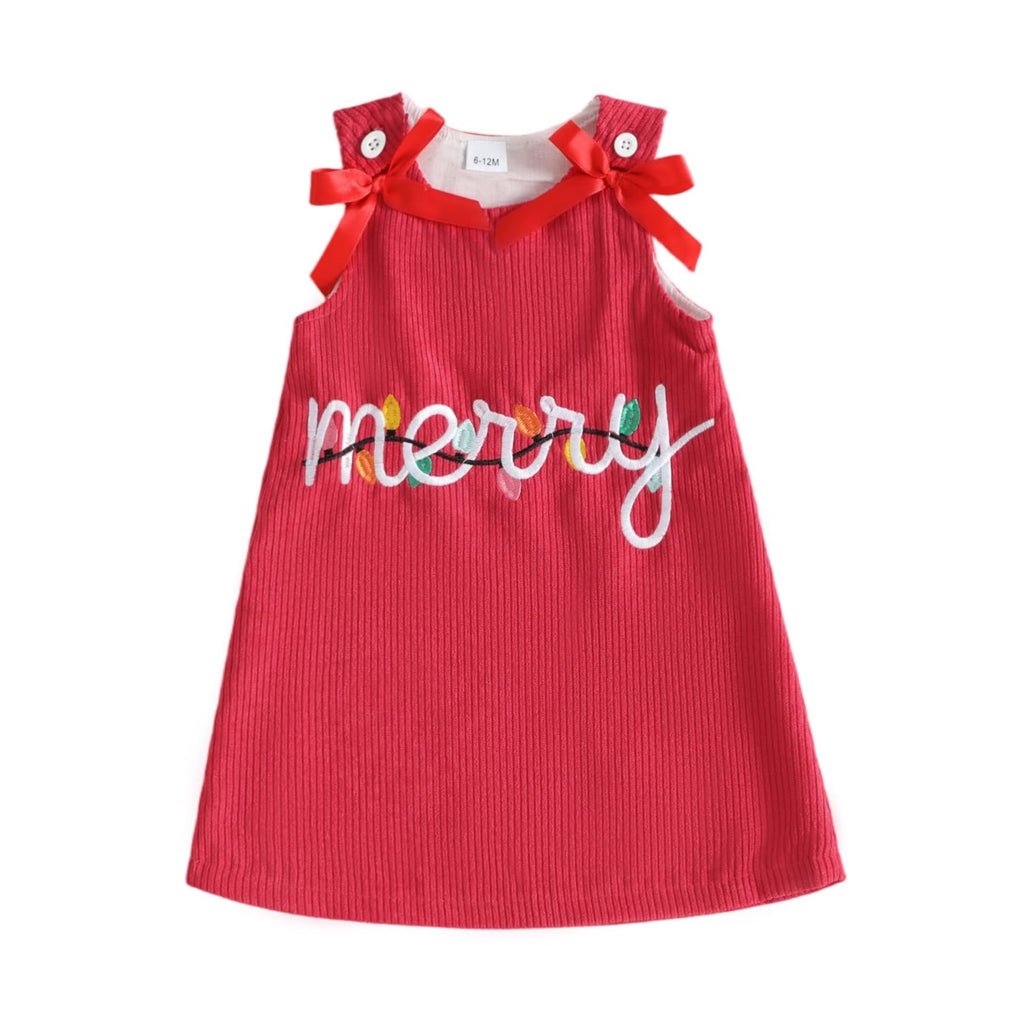 Merry Lights Red Girl | Vestido Pana Roja Niña — Sin Mangas + Cuello V Rojo + Bordado “merry” + Luces Navideñas + Lazos Rojos