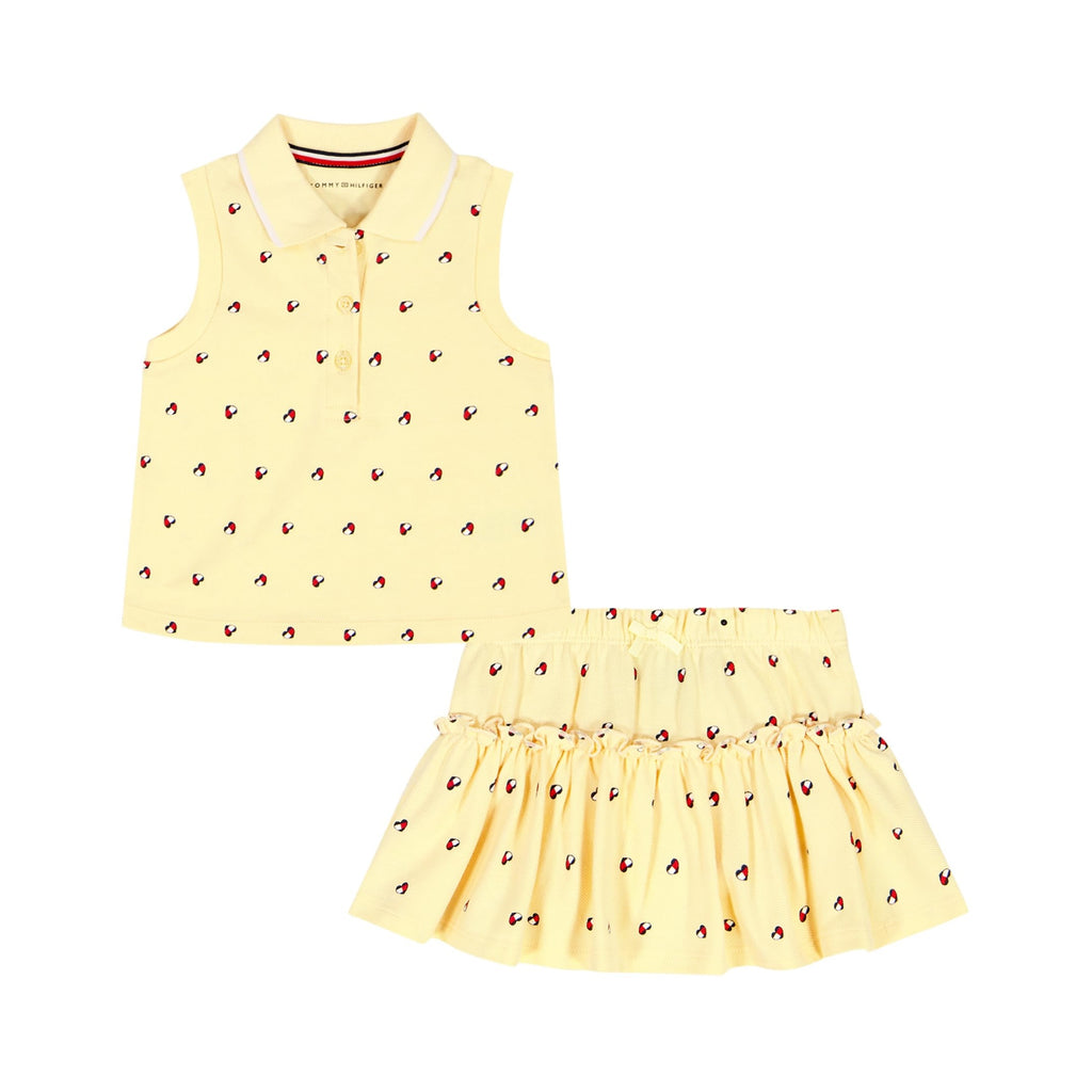 Conjunto 2 Piezas Tommy Hilfiger | Polo Sin Mangas + Skort | Logos Allover Amarillo | Niña/Bebé (Solo 6-9M)