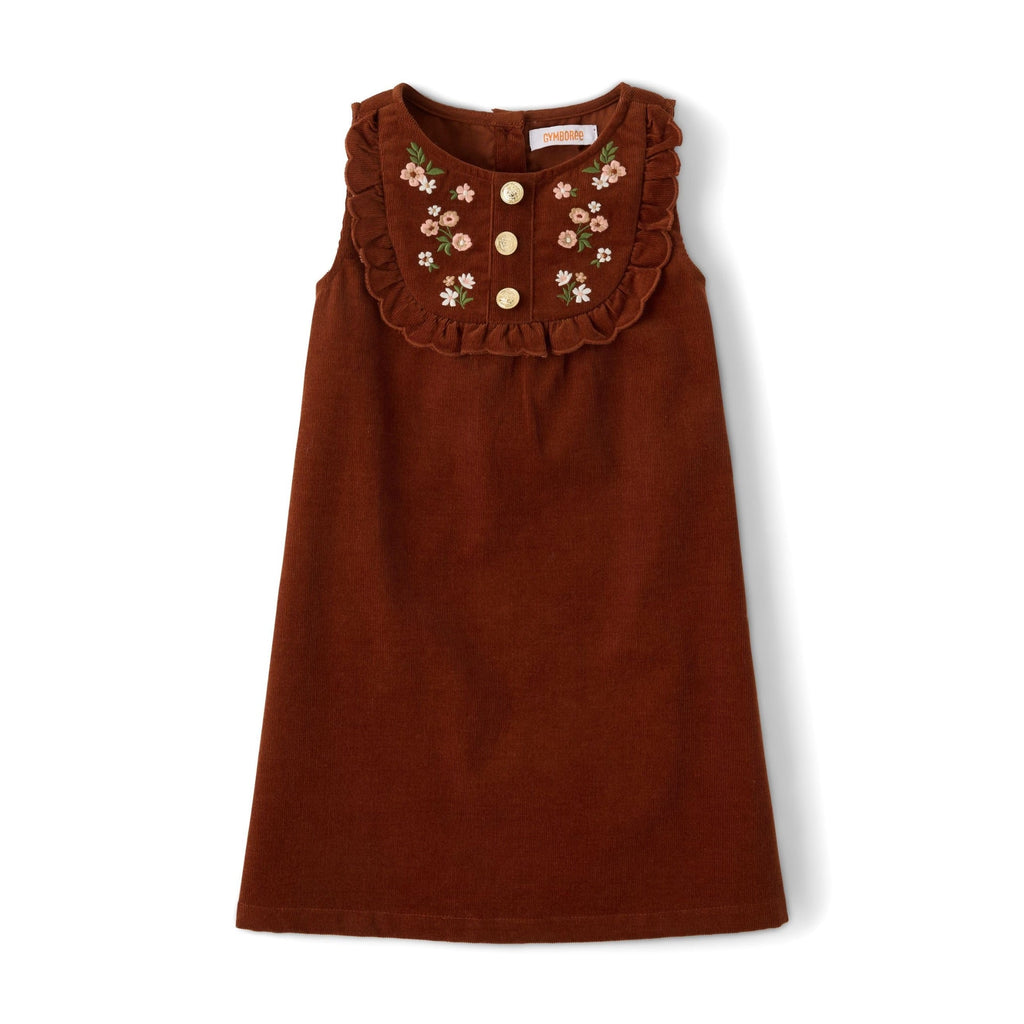 Gymboree vestido de pana marrón sin mangas con canesú bordado floral y botones dorados – vista frontal