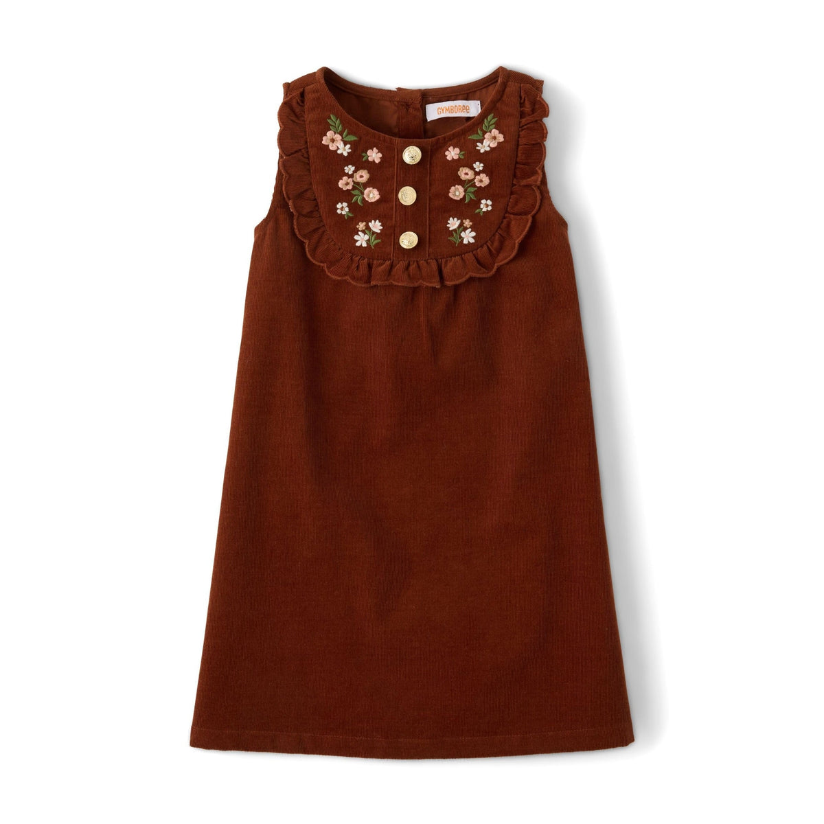 Gymboree vestido de pana marrón sin mangas con canesú bordado floral y botones dorados – vista frontal
