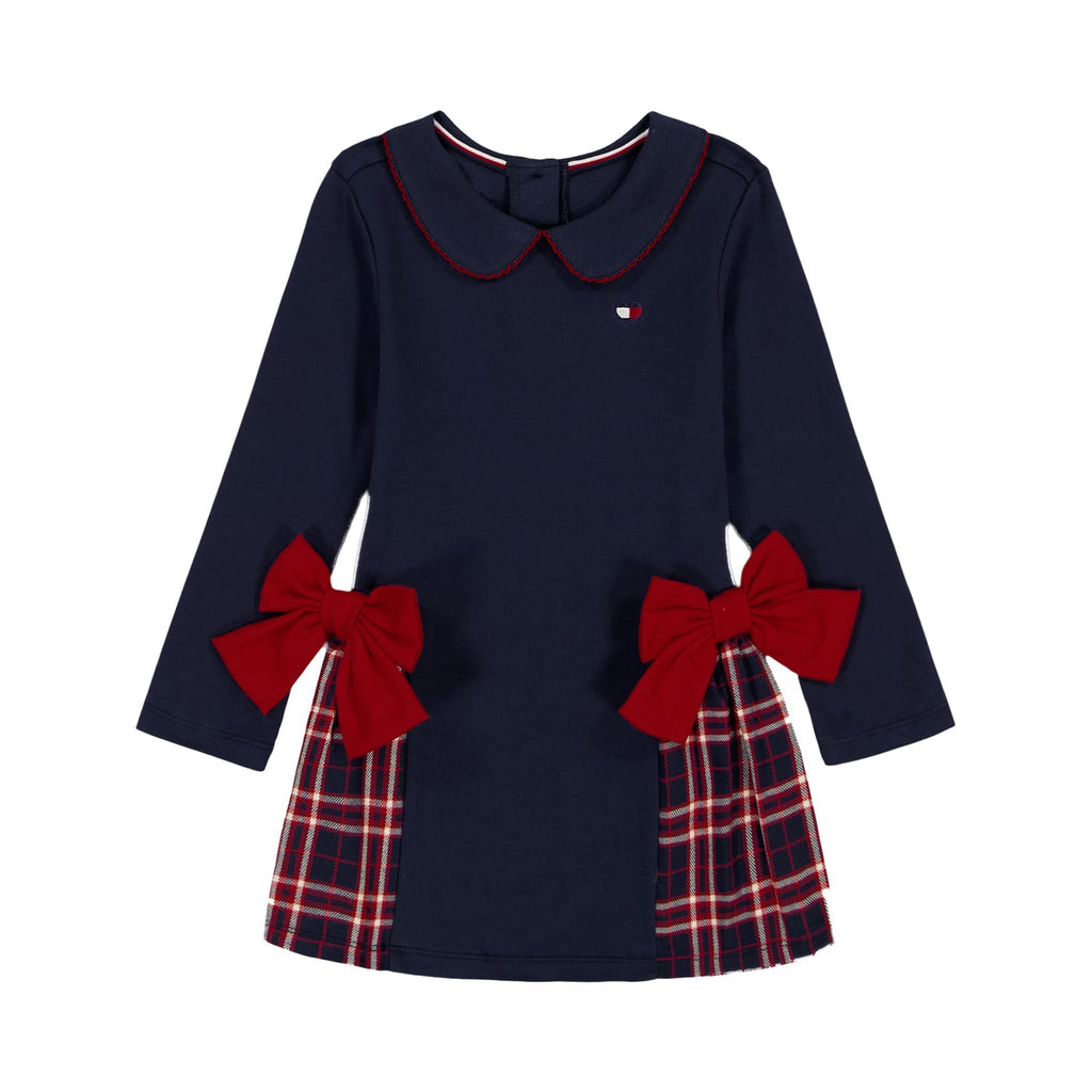 Tommy Hilfiger Vestido Niña | Azul Navy + Moños Terciopelo Rojo • Cuello Peter Pan