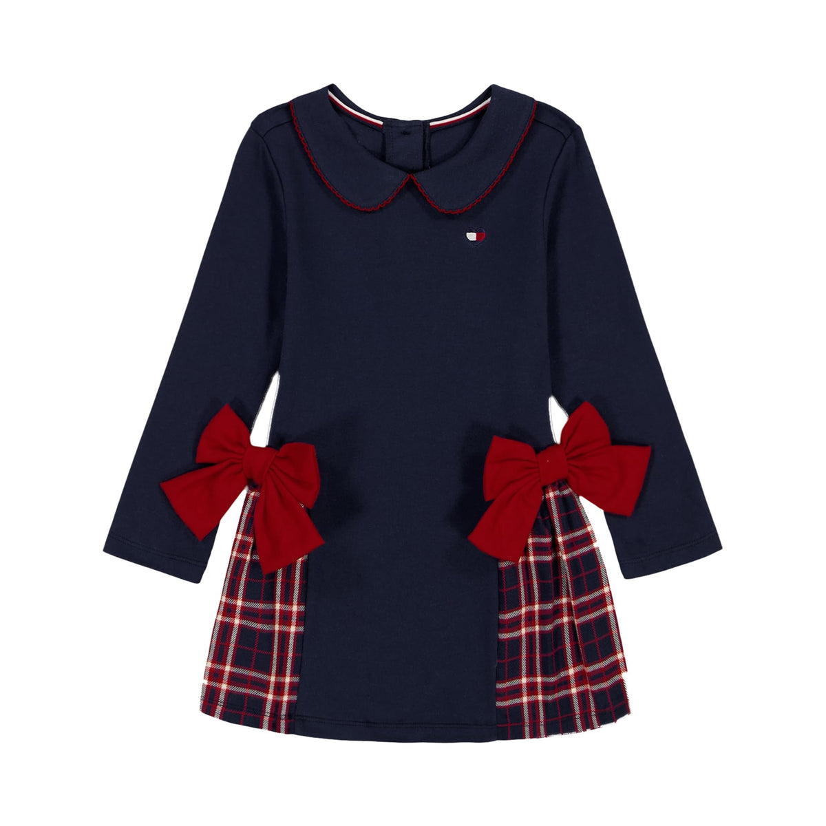 Tommy Hilfiger Vestido Niña | Azul Navy + Moños Terciopelo Rojo • Cuello Peter Pan